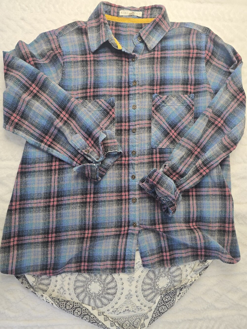 Hint of Mint Plaid Mixed Print Shirt Blue Pink Flannel Button Front Boho L